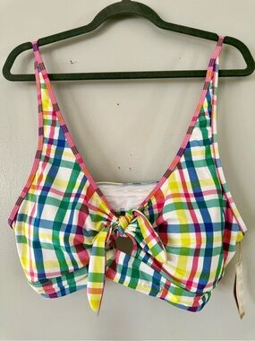 NaNa Pink Green Blue Yellow Plaid Tie-Front Bikini Top plus size